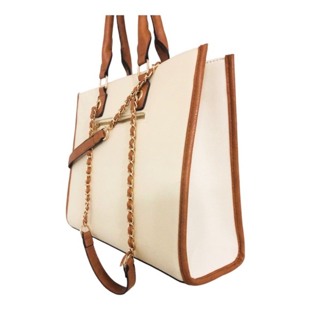 Cee Klein canvas brown trim gold chain strap crossbody ‘beach tote’ tote bag - Picture 9 of 16